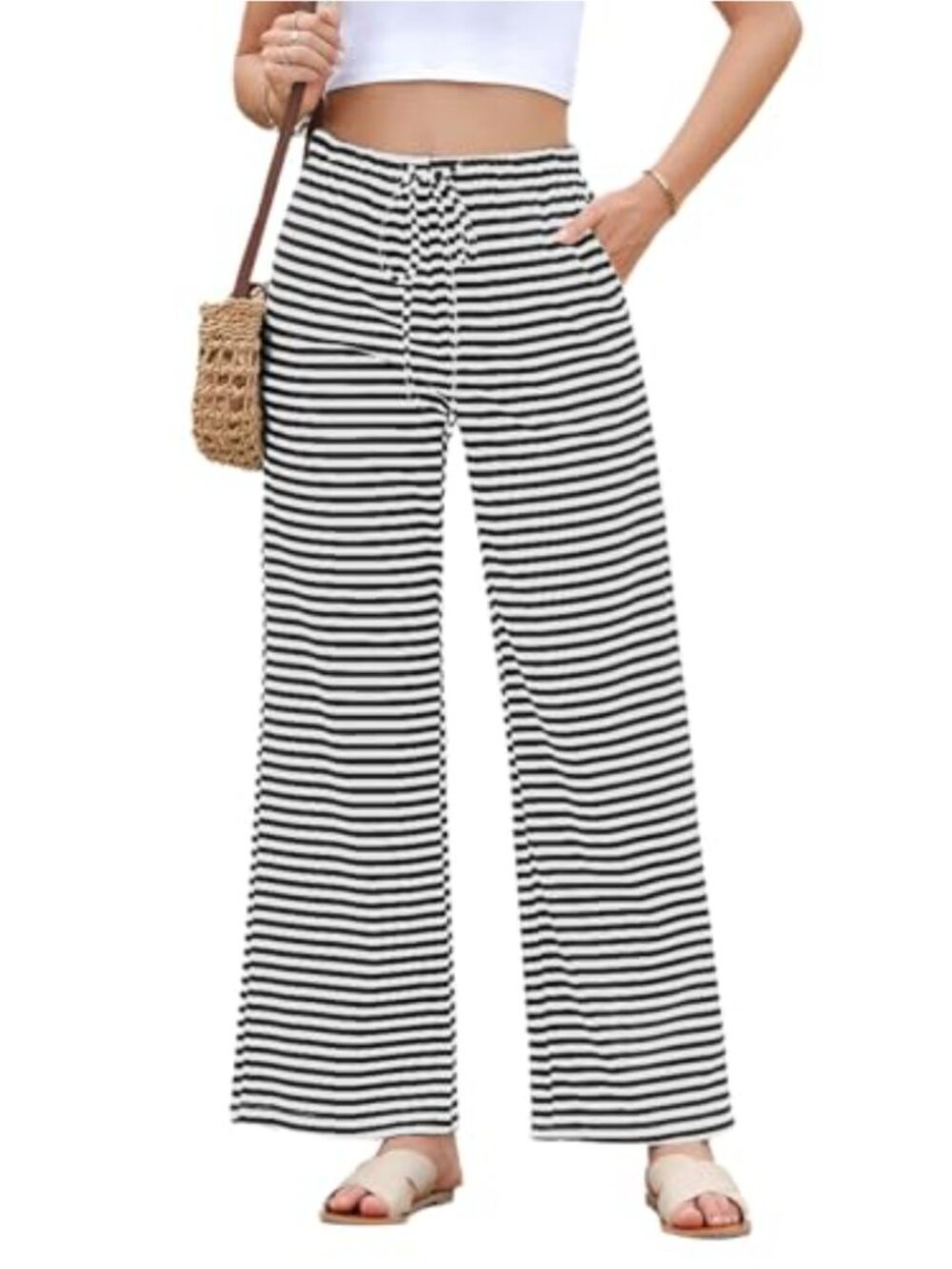 Wide Leg Ribbed Knit Striped Sweatpants Drawstring Loose Lounge Pants